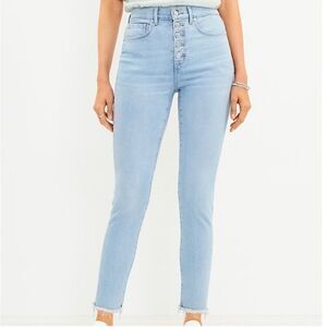 LOFT Frayed Button Fly Skinny Jeans Raw Hem Light Blue Wash Size 2/26